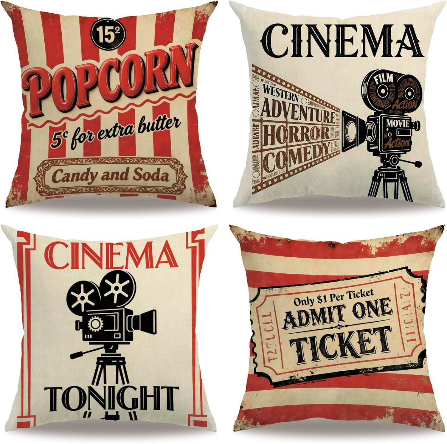 Home Cinema Tickets - 4個入り ヴィンテージ映画館風スローピローカバー ポップコーンと映画チケットプリント クッションカバー ソファ リビングルーム