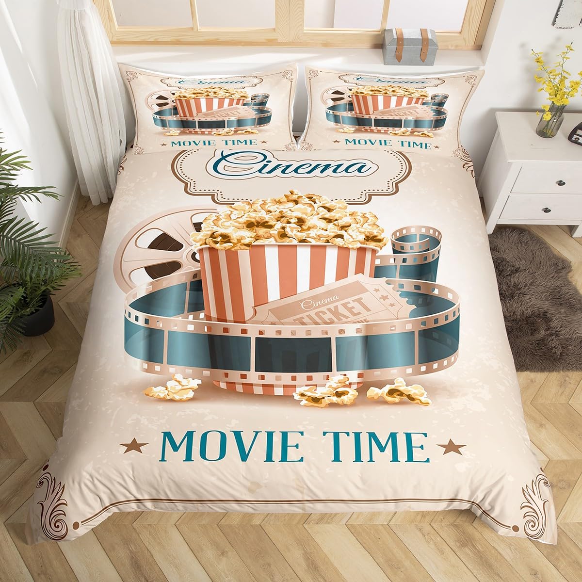 Home Cinema Tickets - ヴィンテージ映画風布団カバーセット、映画チケットとポップコーン柄寝具セット、ホームシアター用布団カバー、映画テーマルームデコレーション