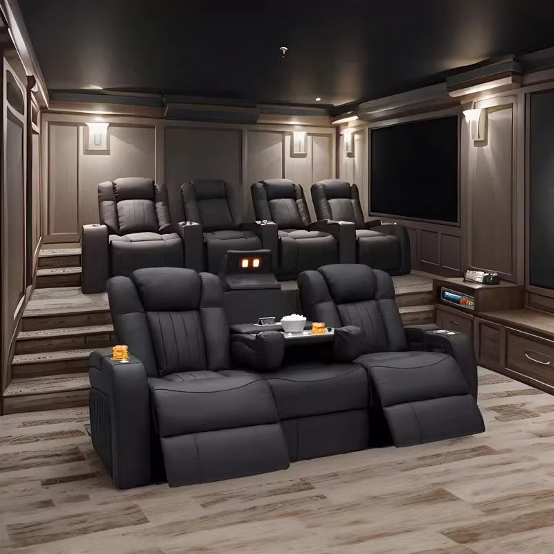 Home Cinema Recliners - 革製リクライニングソファセット 電動リクライニング ホームシアターソファセット シネマリクライニングチェア ブラックカラー 本革