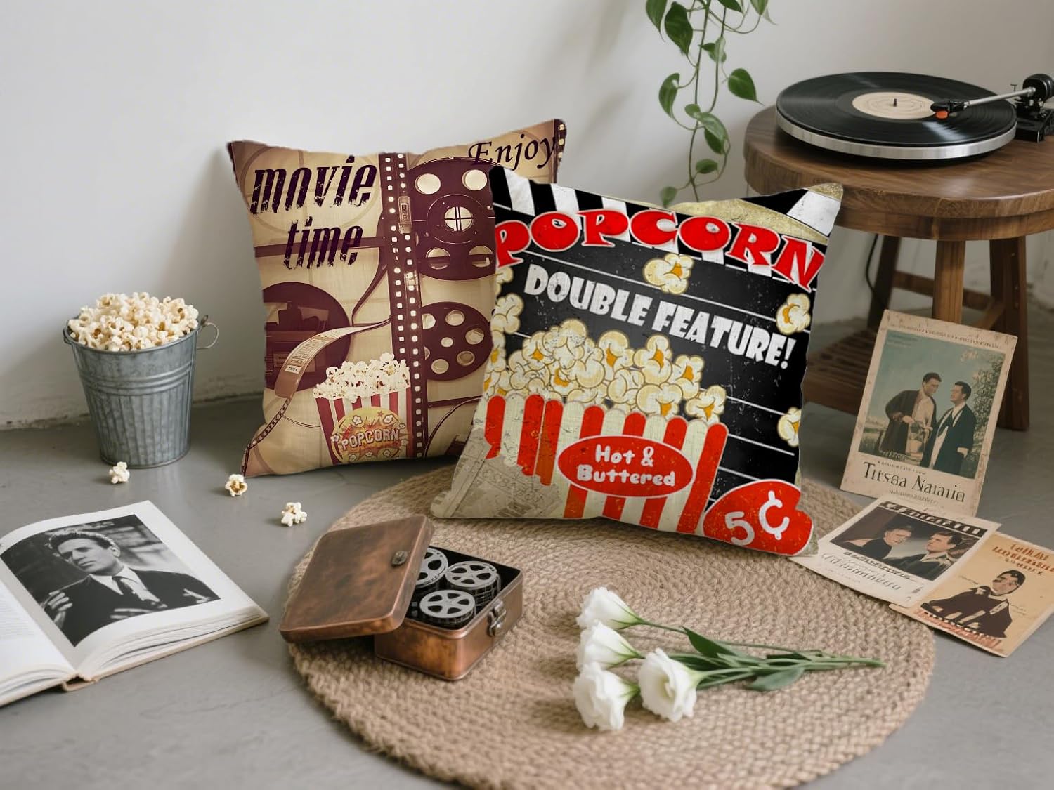 4 個レトロシネマスローピローカバーヴィンテージポップコーン - Home Cinema Tickets のレビューと価格
